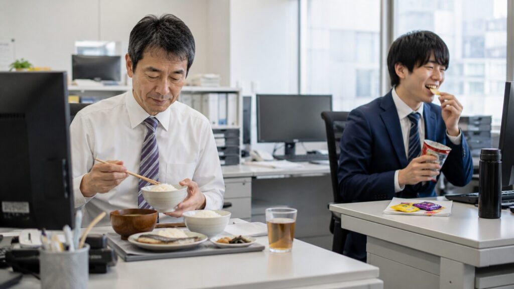 健康的な食事をする50代男性と間食をする若い男性スタッフ