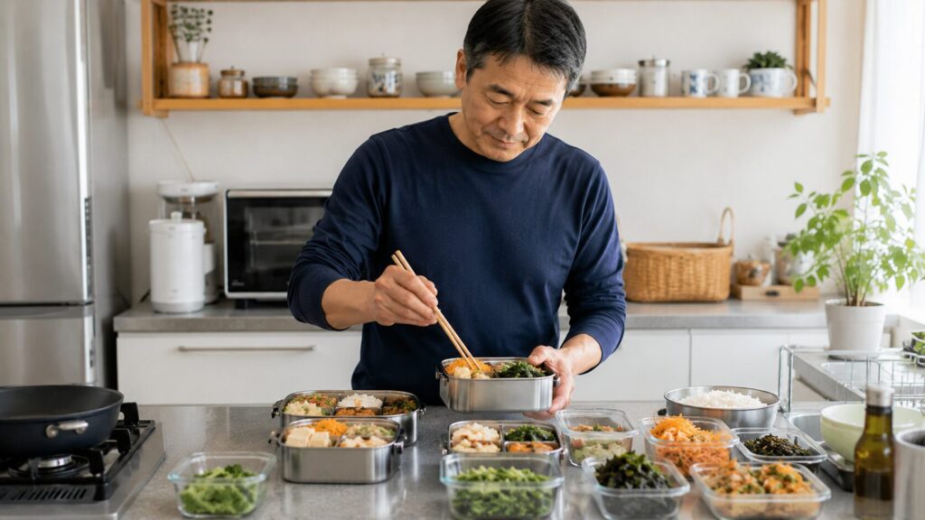 健康的な弁当を準備して食事管理を続ける50代男性