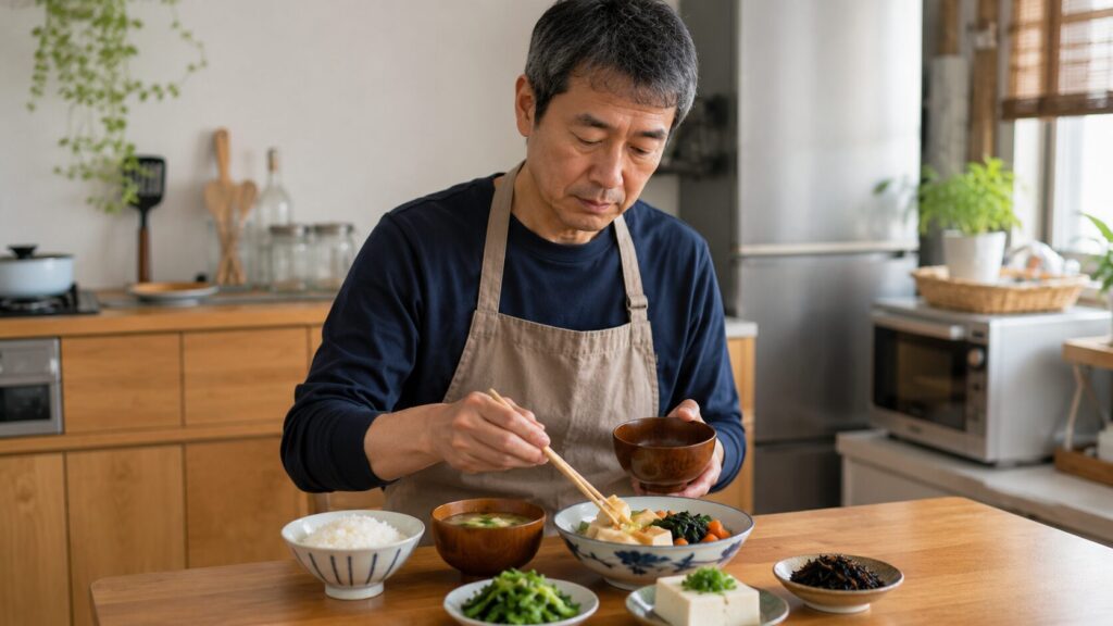 味噌汁や野菜を準備する50代男性の食事風景