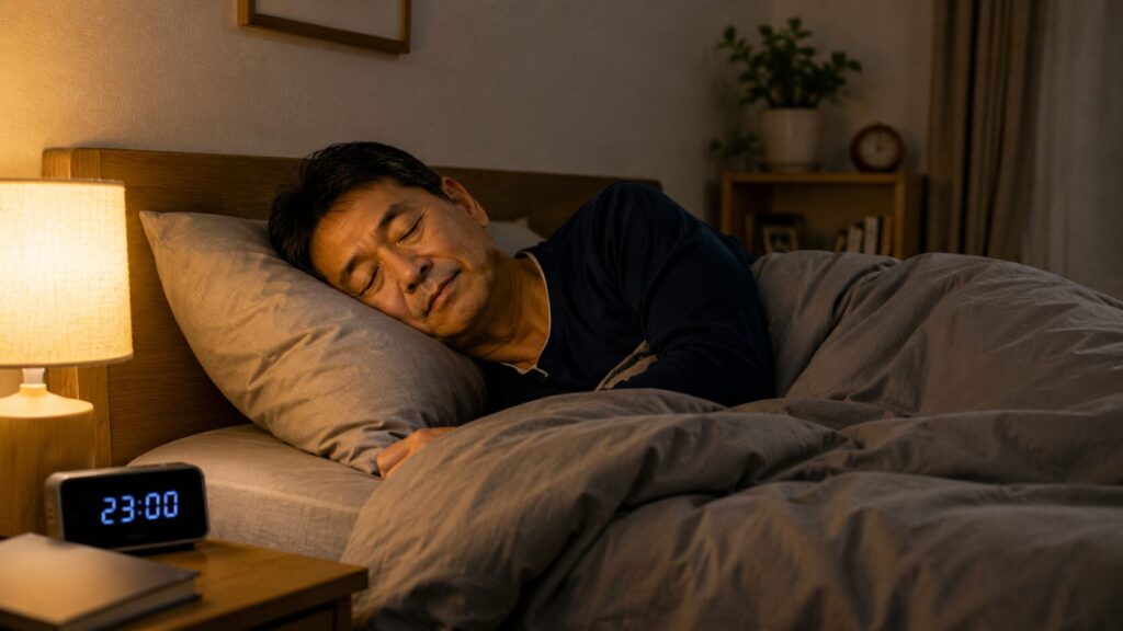 十分な睡眠を取る50代男性のイメージ