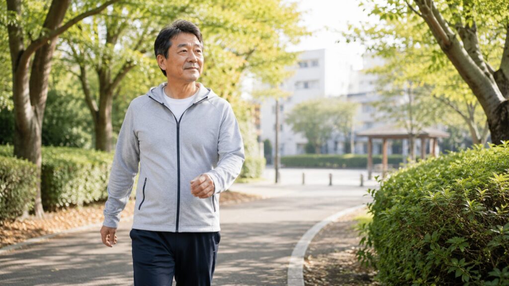 散歩をしながら健康管理を続ける50代男性