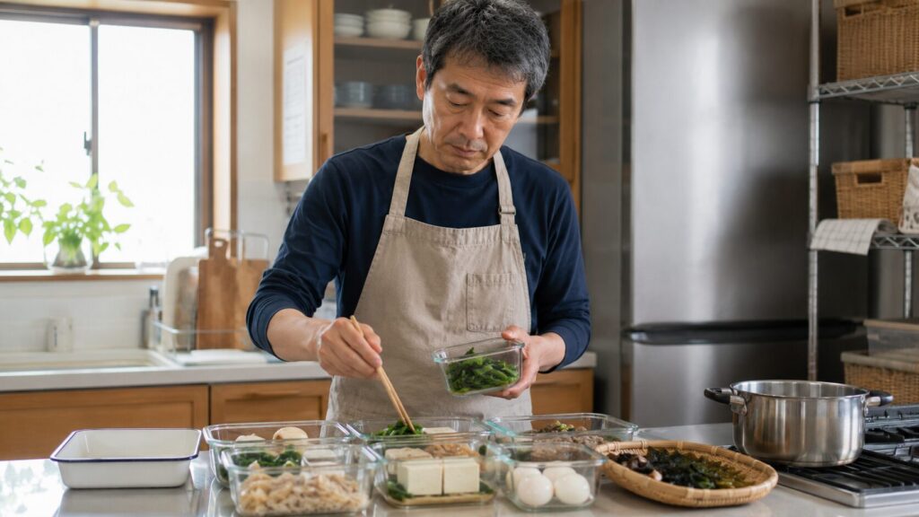 作り置きや食材を準備している50代男性