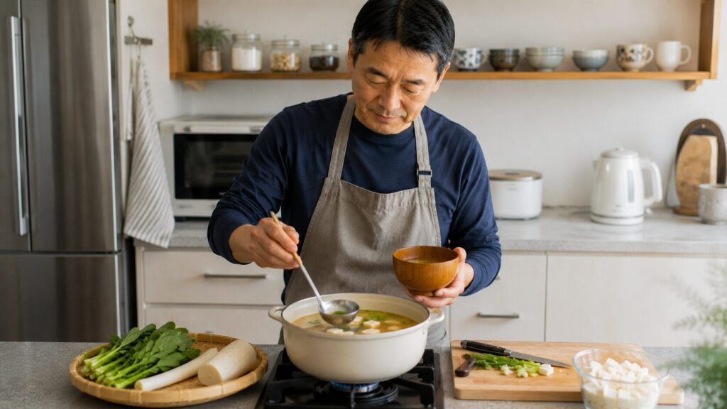 味噌汁と野菜を使って食事を整える50代男性
