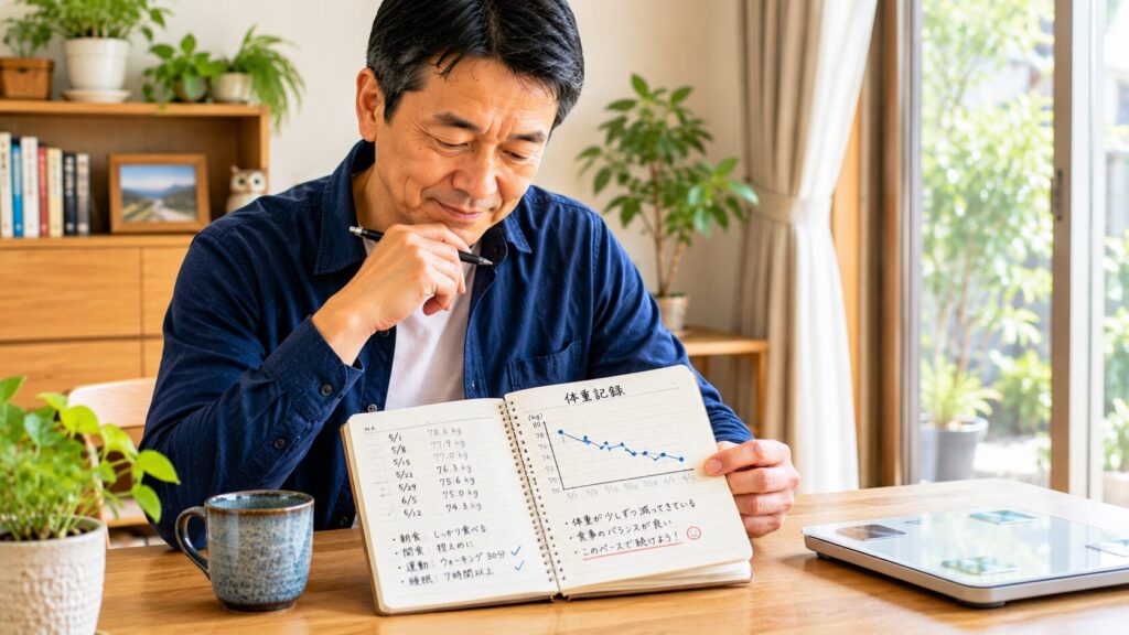 体重記録を見ながら変化を確認する50代男性
