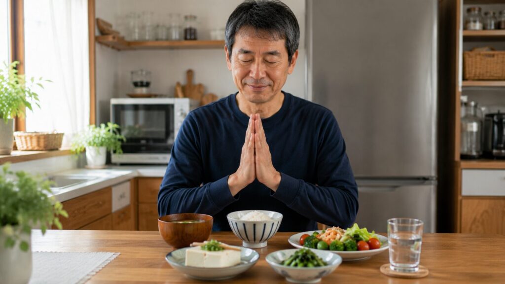 味噌汁やご飯を食べて満足した表情の50代男性
