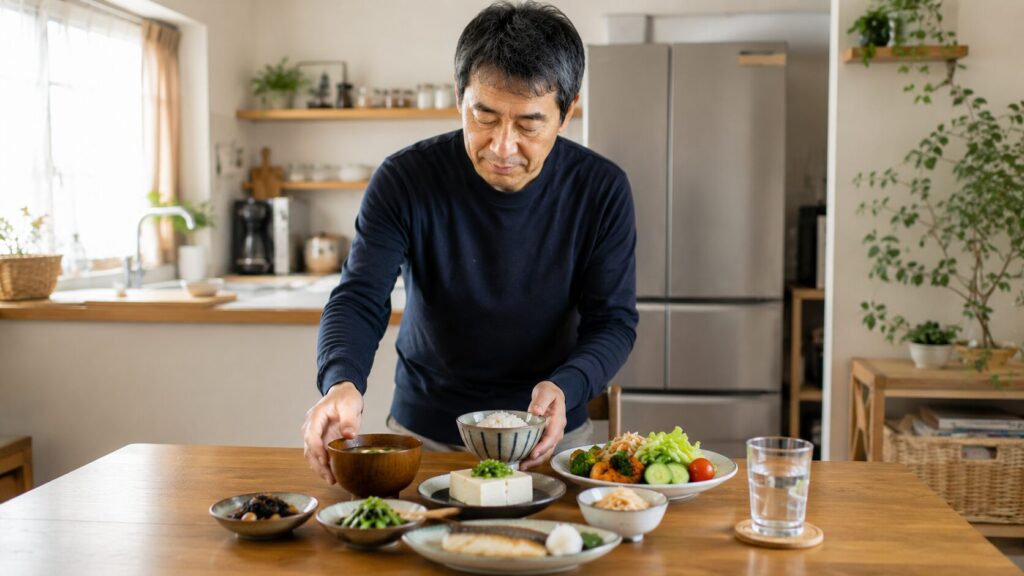 ご飯と味噌汁を中心に食事を整える50代男性