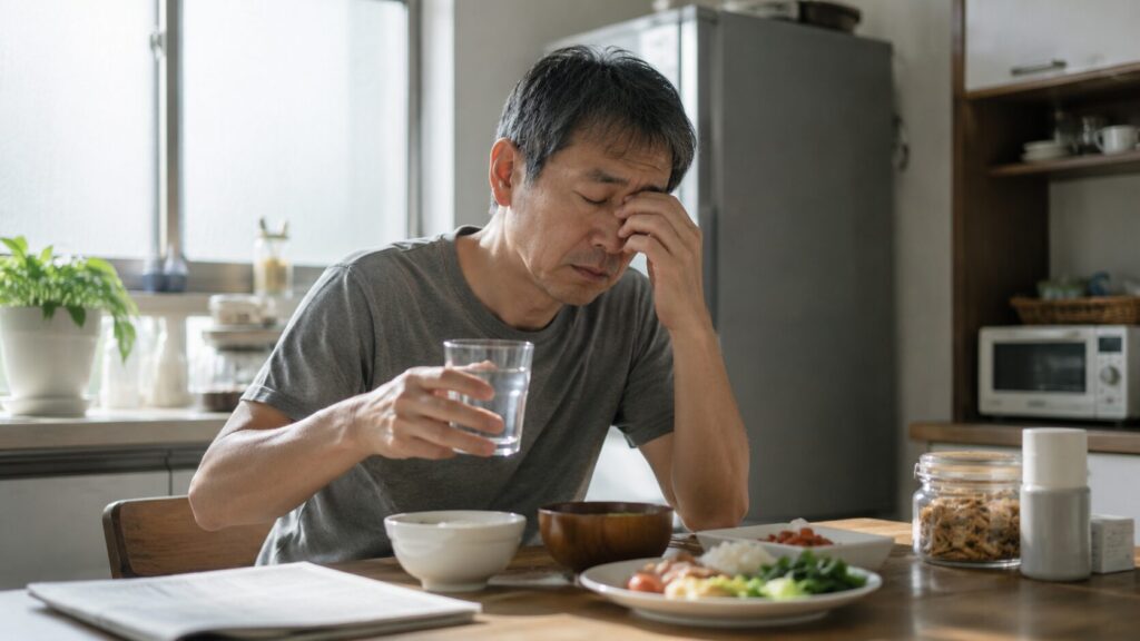 朝のキッチンで疲れた表情を見せる50代男性