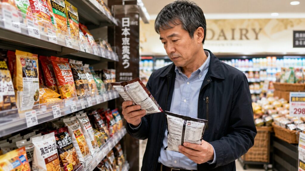 スーパーで食品表示を確認しながら間食を選ぶ50代男性