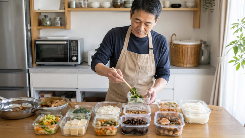 週末に向けて食事を準備する50代男性