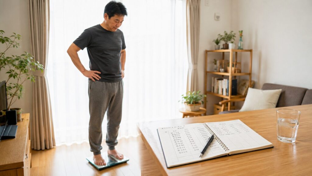 50代男性が体重計に乗り体重の変動を記録している様子