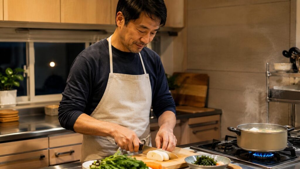 夕方の食欲を整えるために食事を準備する50代男性