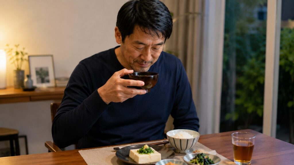 夕方の空腹対策として味噌汁や豆腐を食べる50代男性向けの食事例