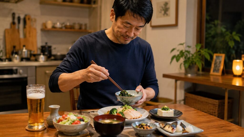飲酒前に食事を整えるため夕食を準備する50代男性
