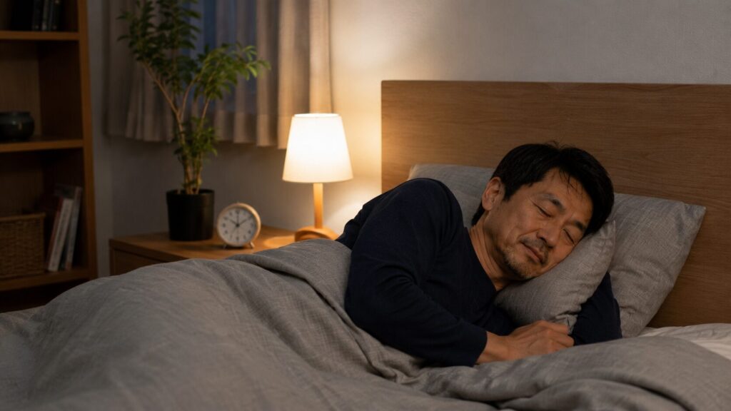 夜の食事が安定し睡眠を取る50代男性