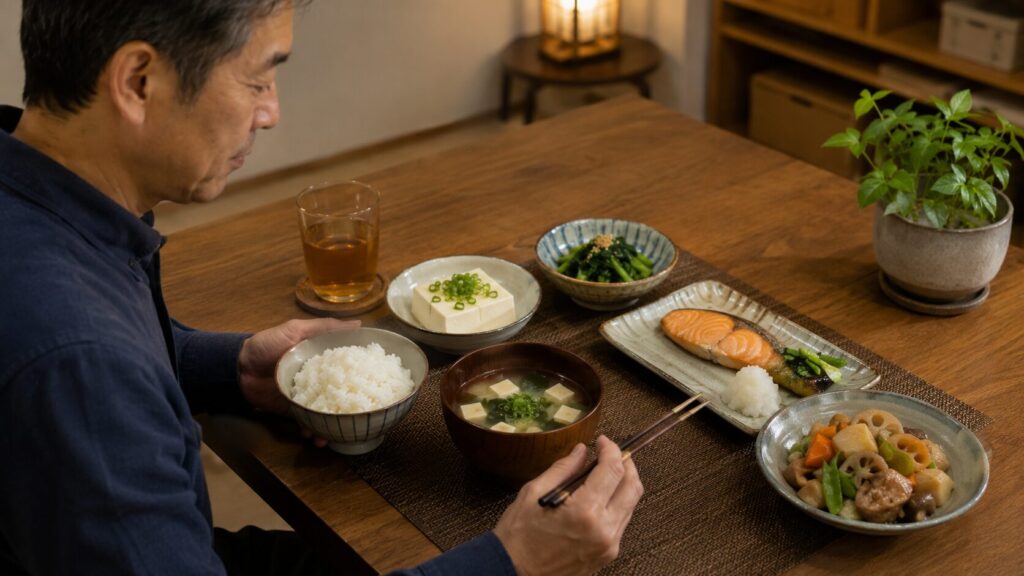 50代男性向けのシンプルな夕食と味噌汁