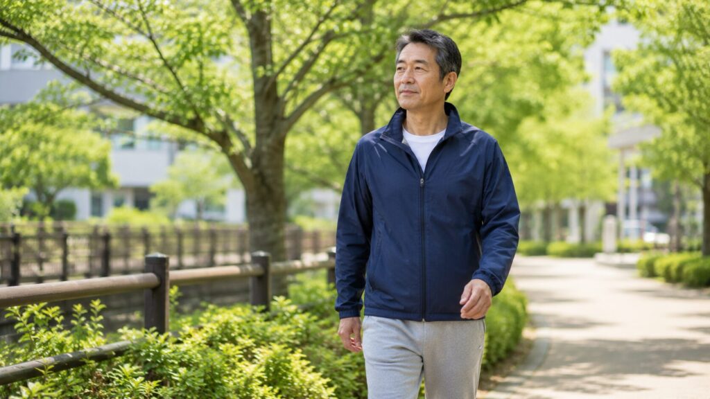 50代男性が散歩しながら健康的な生活を続けている様子