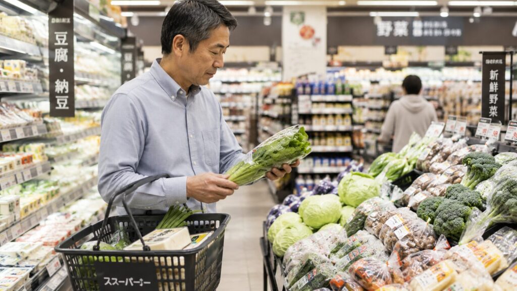 50代男性が無理なく続けられる食材を買い物している様子