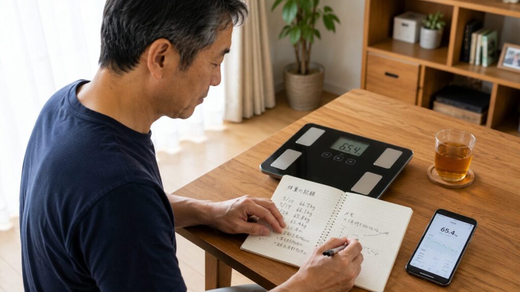 50代男性が体重記録を確認している様子