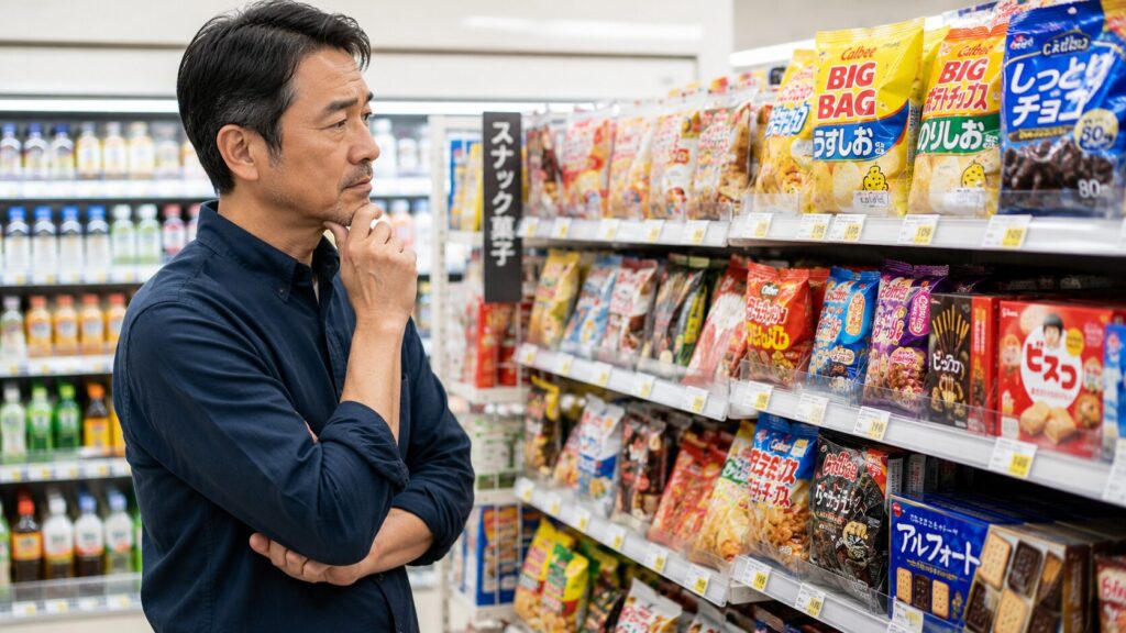 コンビニのスナック売り場で商品を選ぶ50代男性のイメージ