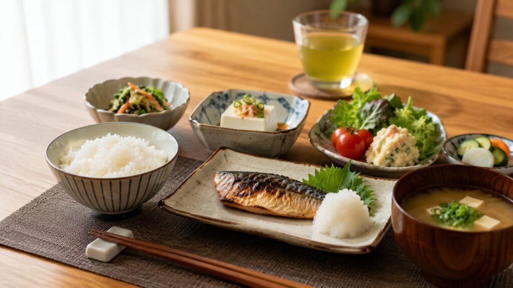 ご飯と味噌汁、魚や野菜を組み合わせたバランスの良い夕食のイメージ