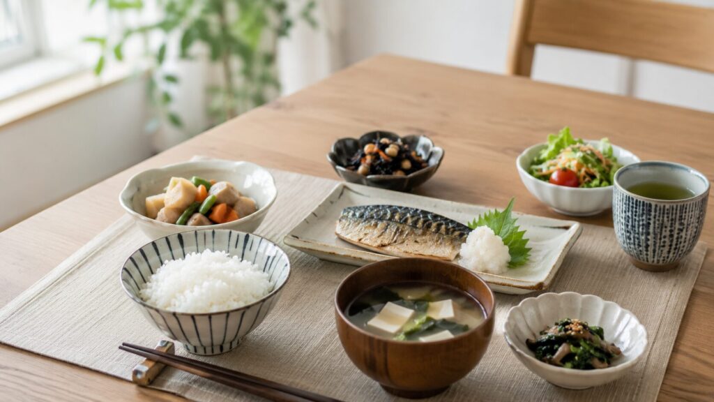 バランスの良い食事を用意した50代男性向けの食卓イメージ