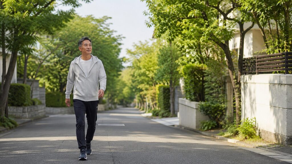 住宅街を散歩する50代男性のイメージ