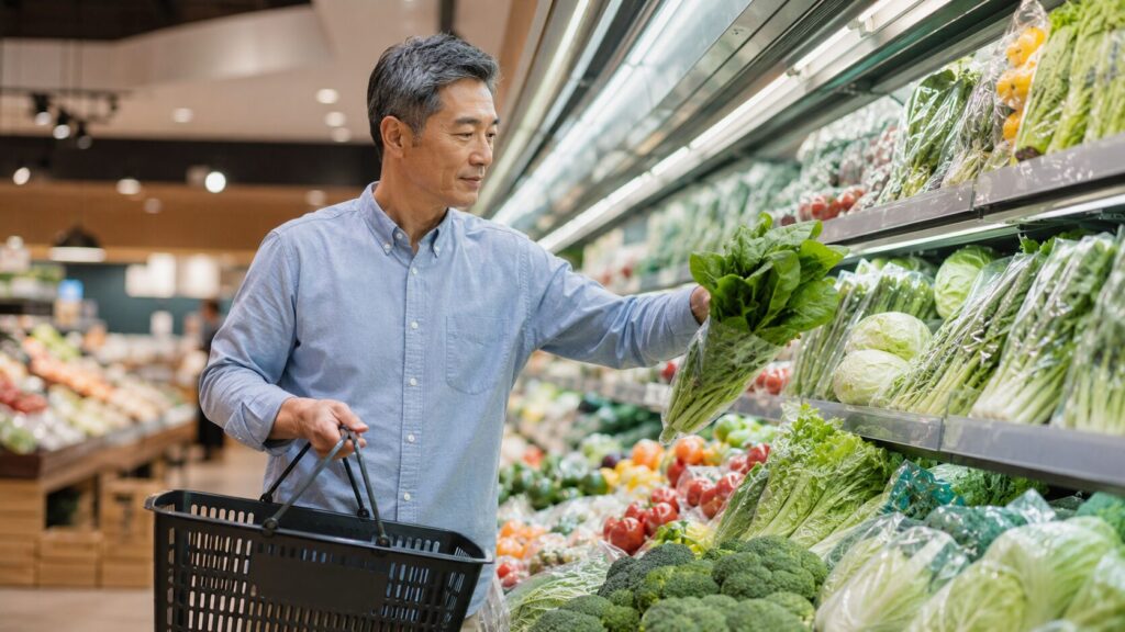 スーパーで買い物をする50代男性のイメージ