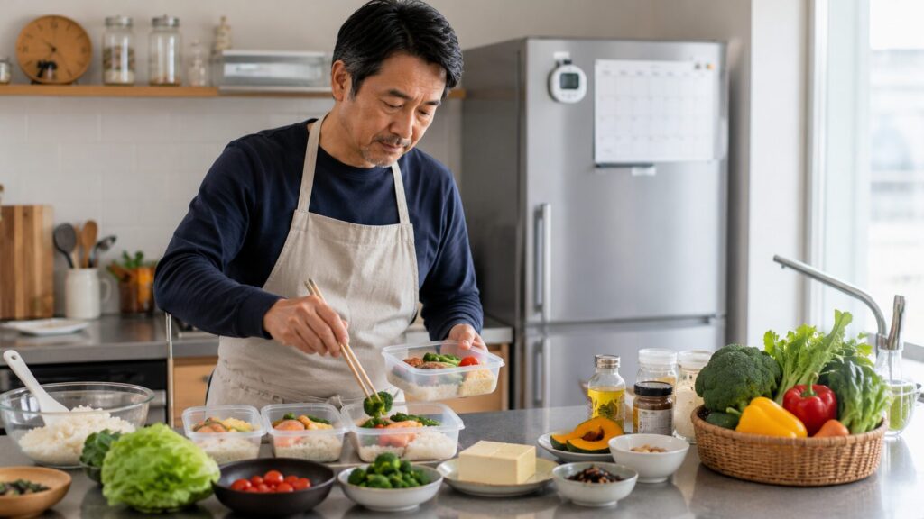 食事の準備をしながら1日の食事バランスを考えるイメージ