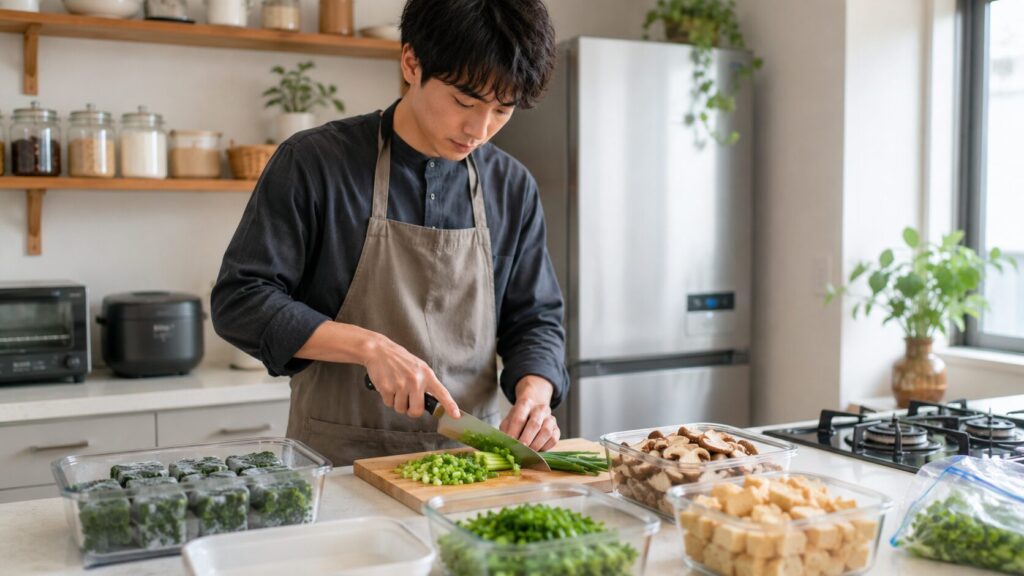 葱や椎茸を下準備する食事改善中の調理風景
