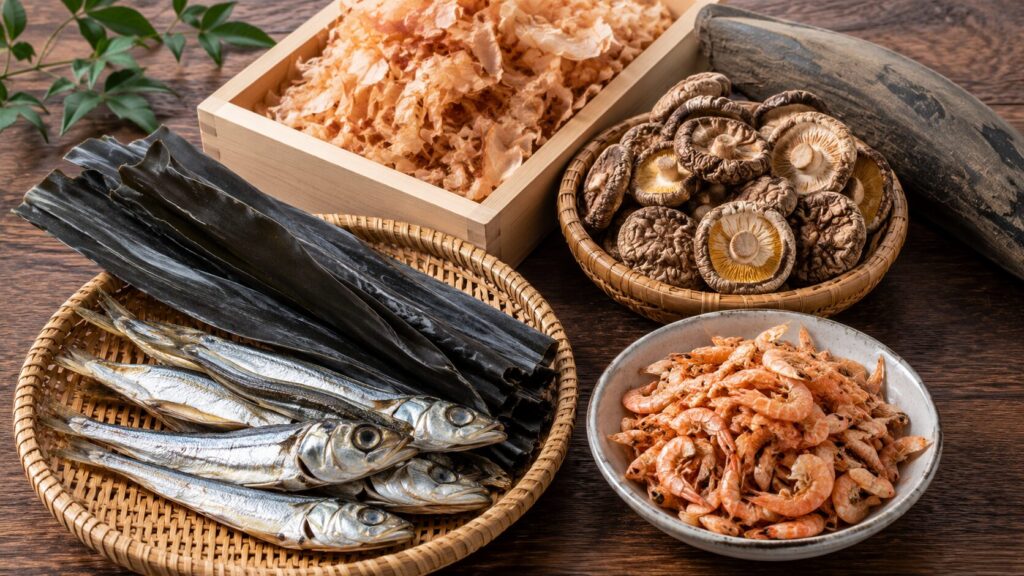 焼きあごや昆布、干し海老など出汁素材を並べたイメージ