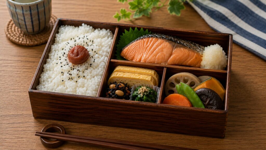 ご飯や魚、野菜を組み合わせたバランスの良い弁当のイメージ