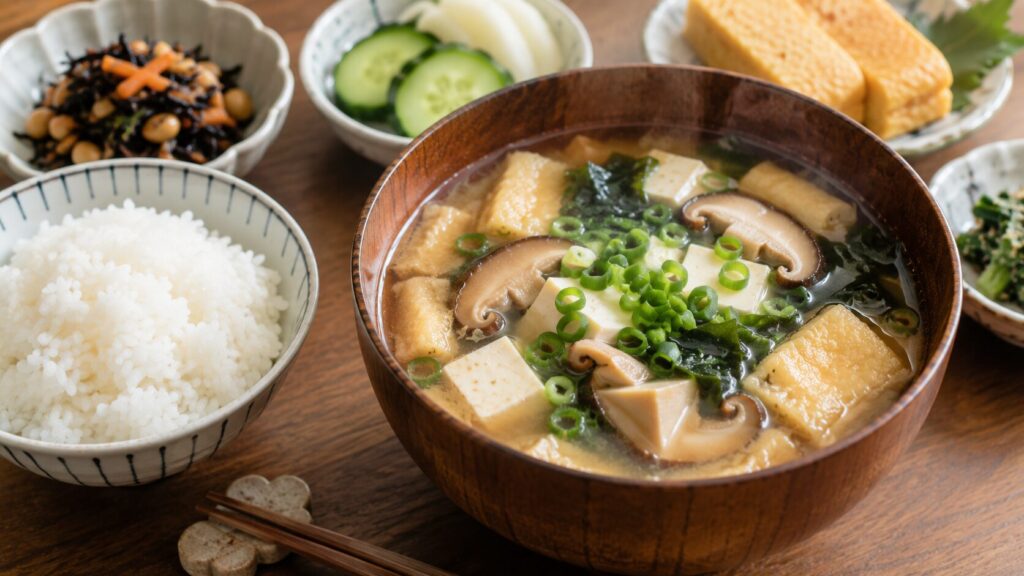 豆腐や油揚げ、椎茸が入った具だくさん味噌汁とご飯のイメージ