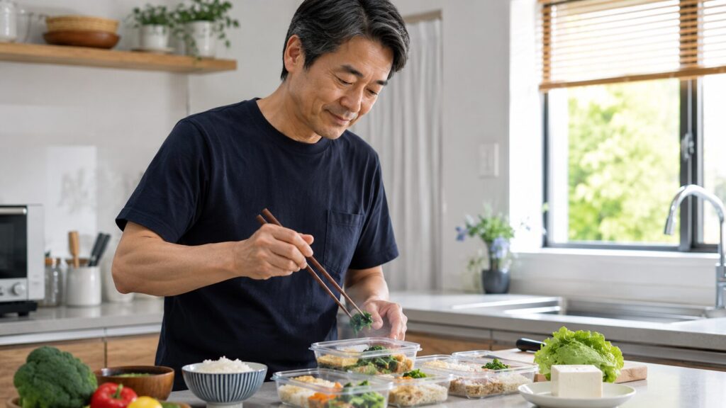 食事の準備をしながら体重管理を意識する50代男性のイメージ