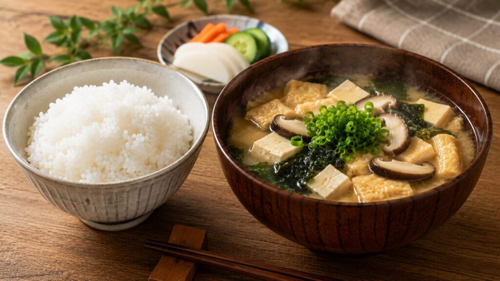ご飯と具だくさん味噌汁を中心にした食事改善のイメージ