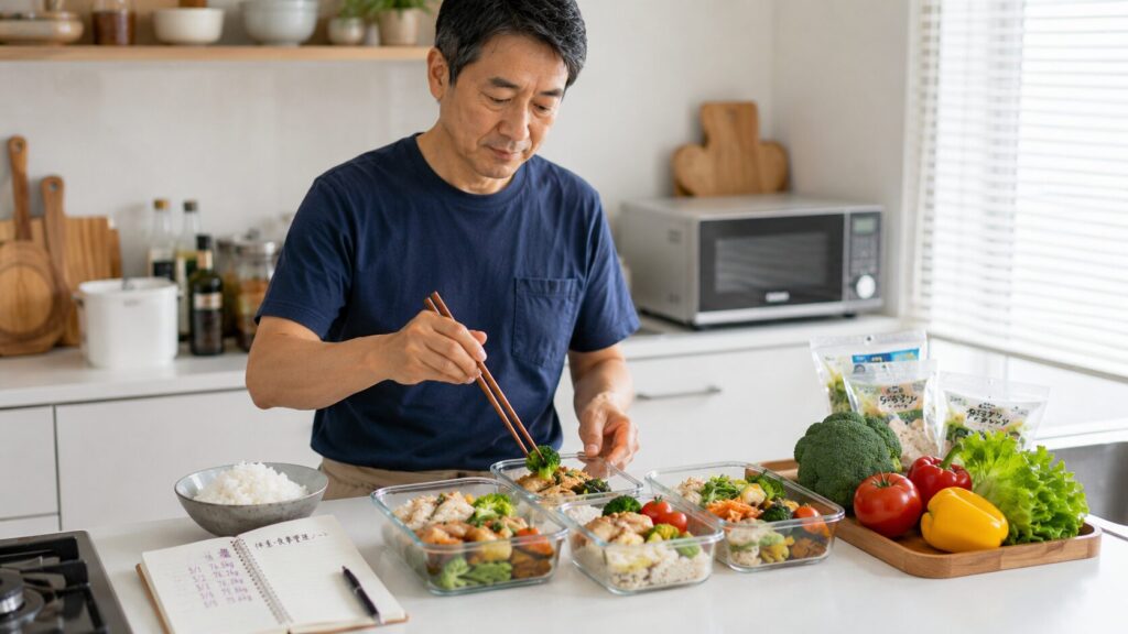 食事の準備をしながら生活リズムを整える50代男性のイメージ
