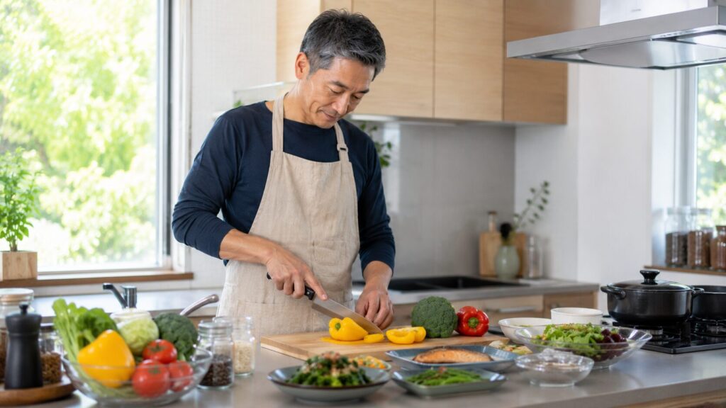 健康的な食事を準備する50代男性のイメージ