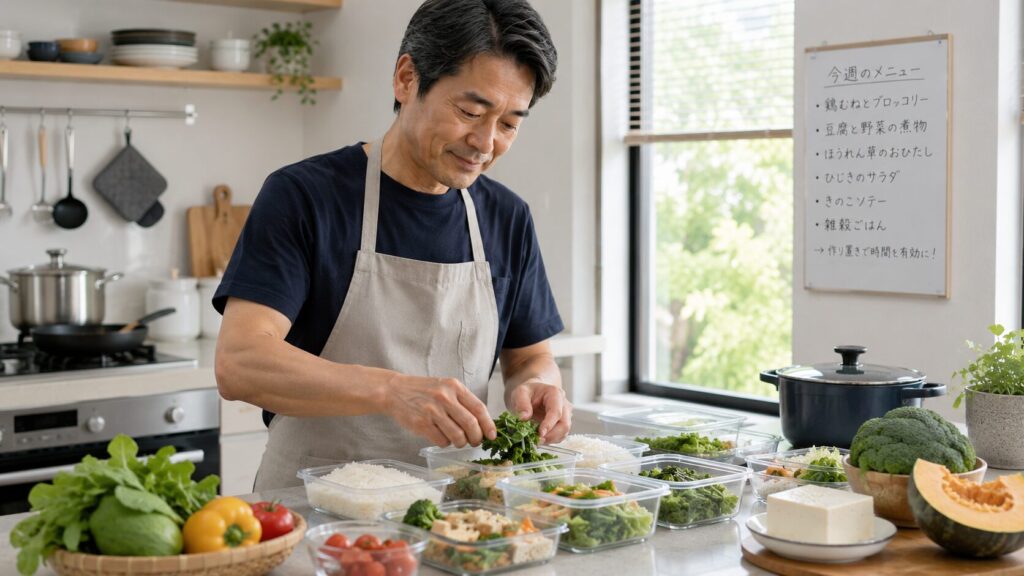 食事内容を見直しながら調理をする50代男性のイメージ