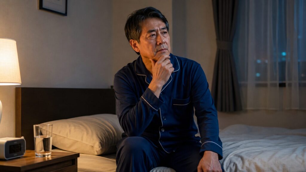 夜中に目が覚めて空腹を感じる50代男性のイメージ