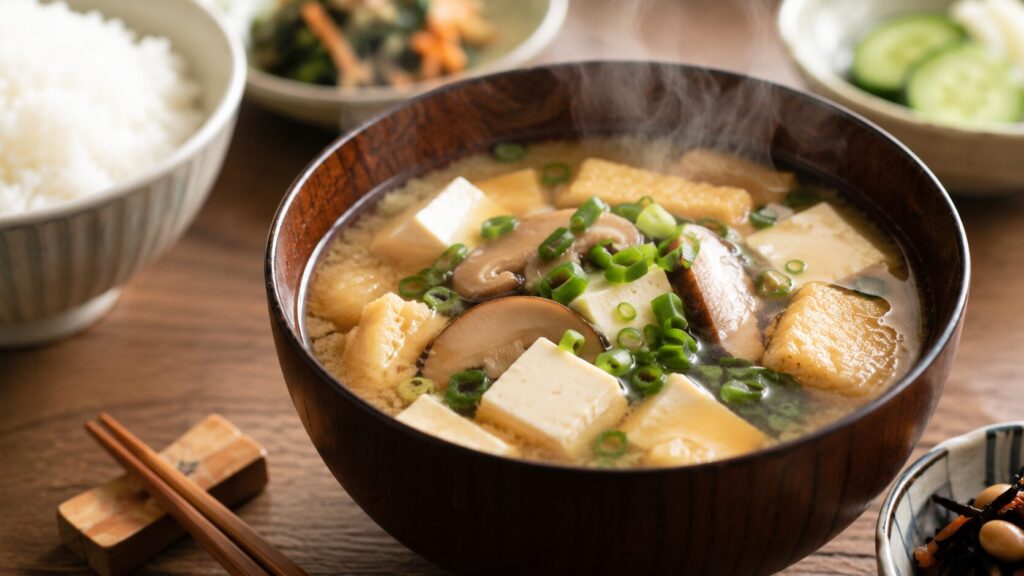 豆腐や椎茸、油揚げが入った手作り味噌汁のイメージ
