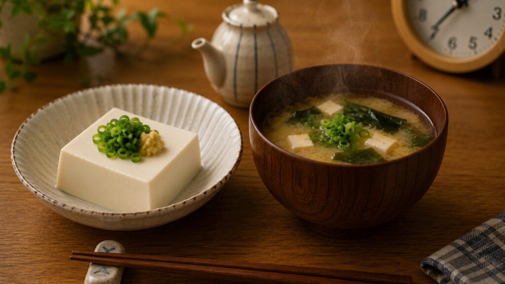 味噌汁と豆腐を組み合わせた低脂質な食事のイメージ