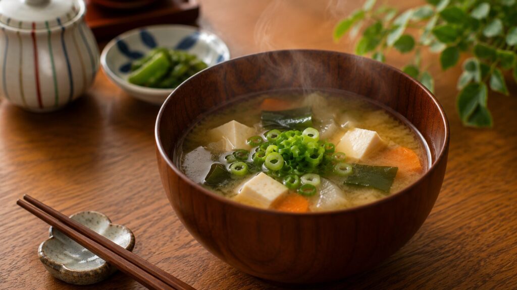 豆腐や野菜が入った温かい味噌汁のイメージ
