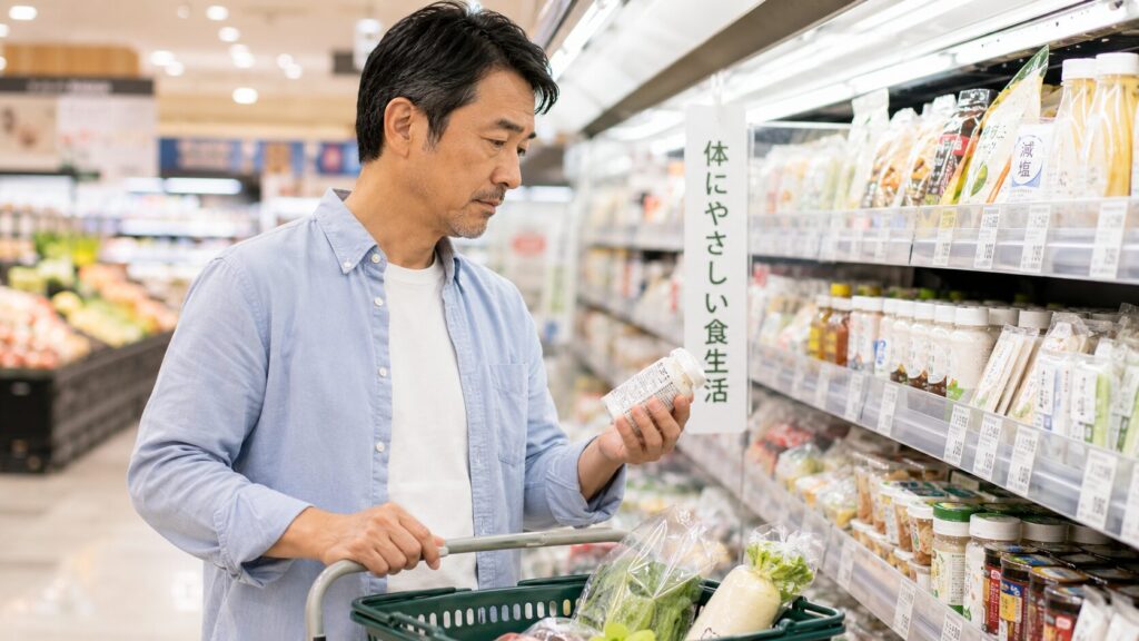 スーパーで商品を選びながら生活習慣を見直す50代男性のイメージ