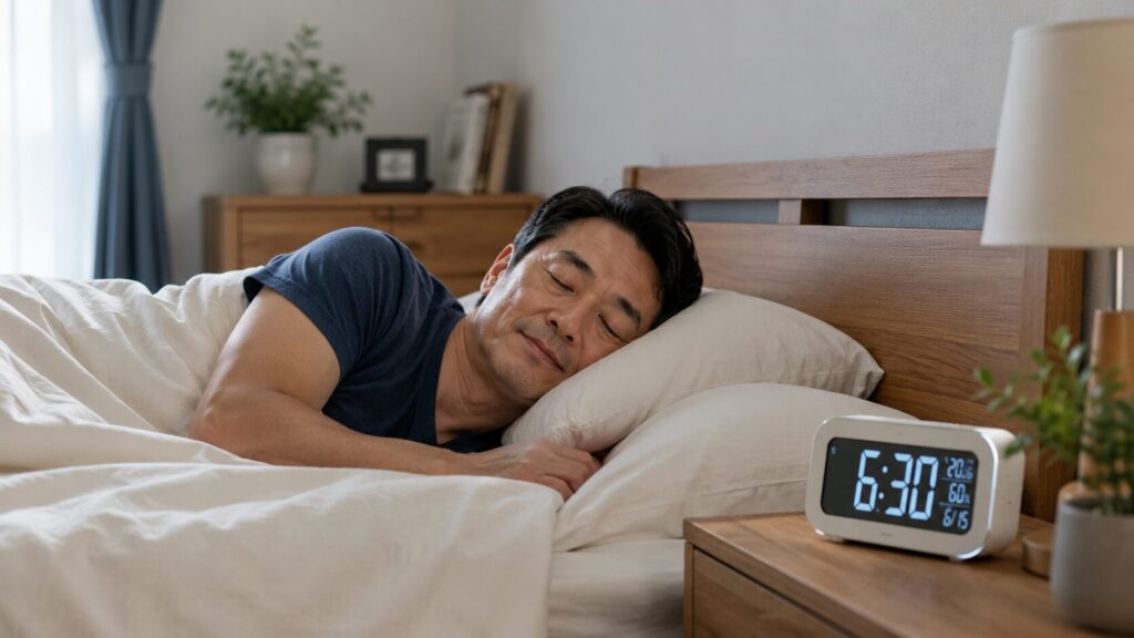 睡眠時間を確保しながら健康管理を行う50代男性のイメージ