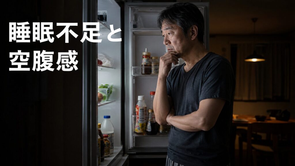 夜中に空腹を感じて冷蔵庫を開ける50代男性