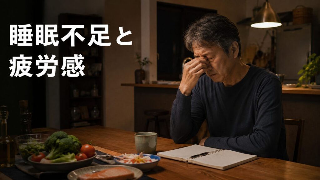 疲れた表情で食卓に座る50代男性