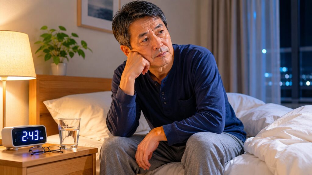 途中覚醒して空腹を感じる50代男性のイメージ