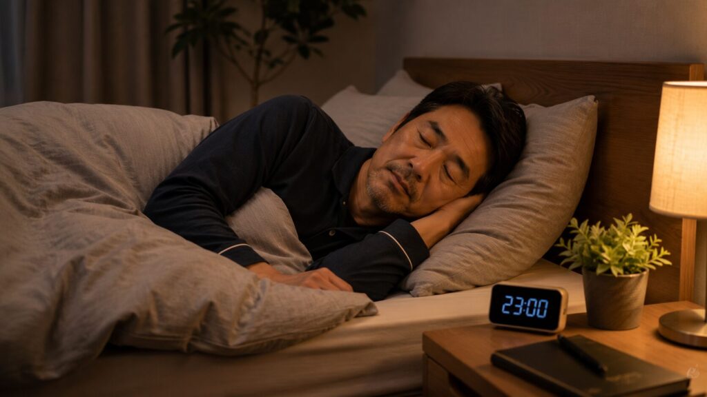 快適な睡眠環境で眠る50代男性のイメージ