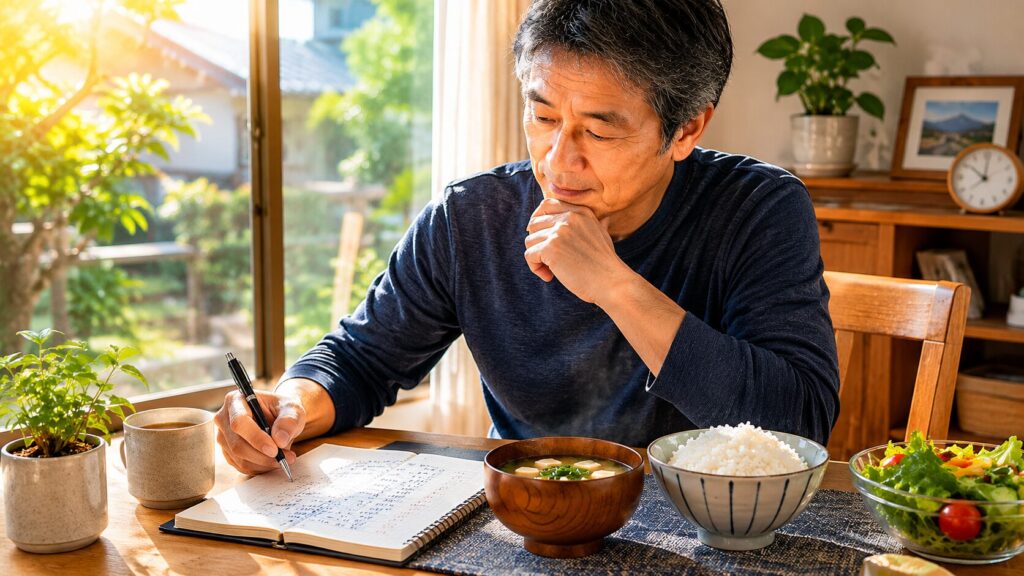 睡眠時間と体重記録を確認する50代男性