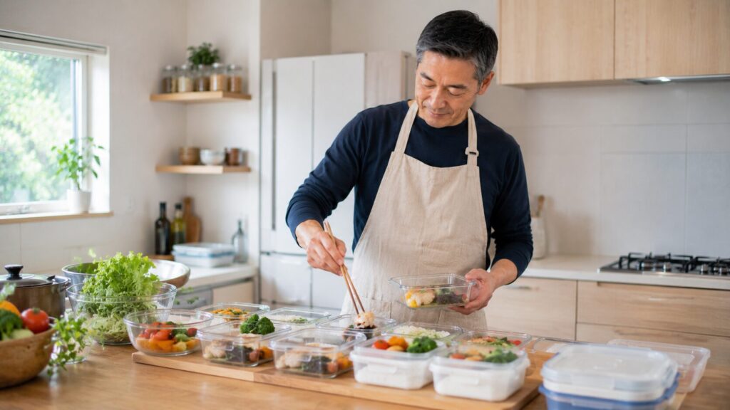 作り置きと弁当を準備する50代男性のイメージ