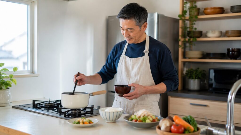 味噌汁と食事を準備する50代男性のイメージ